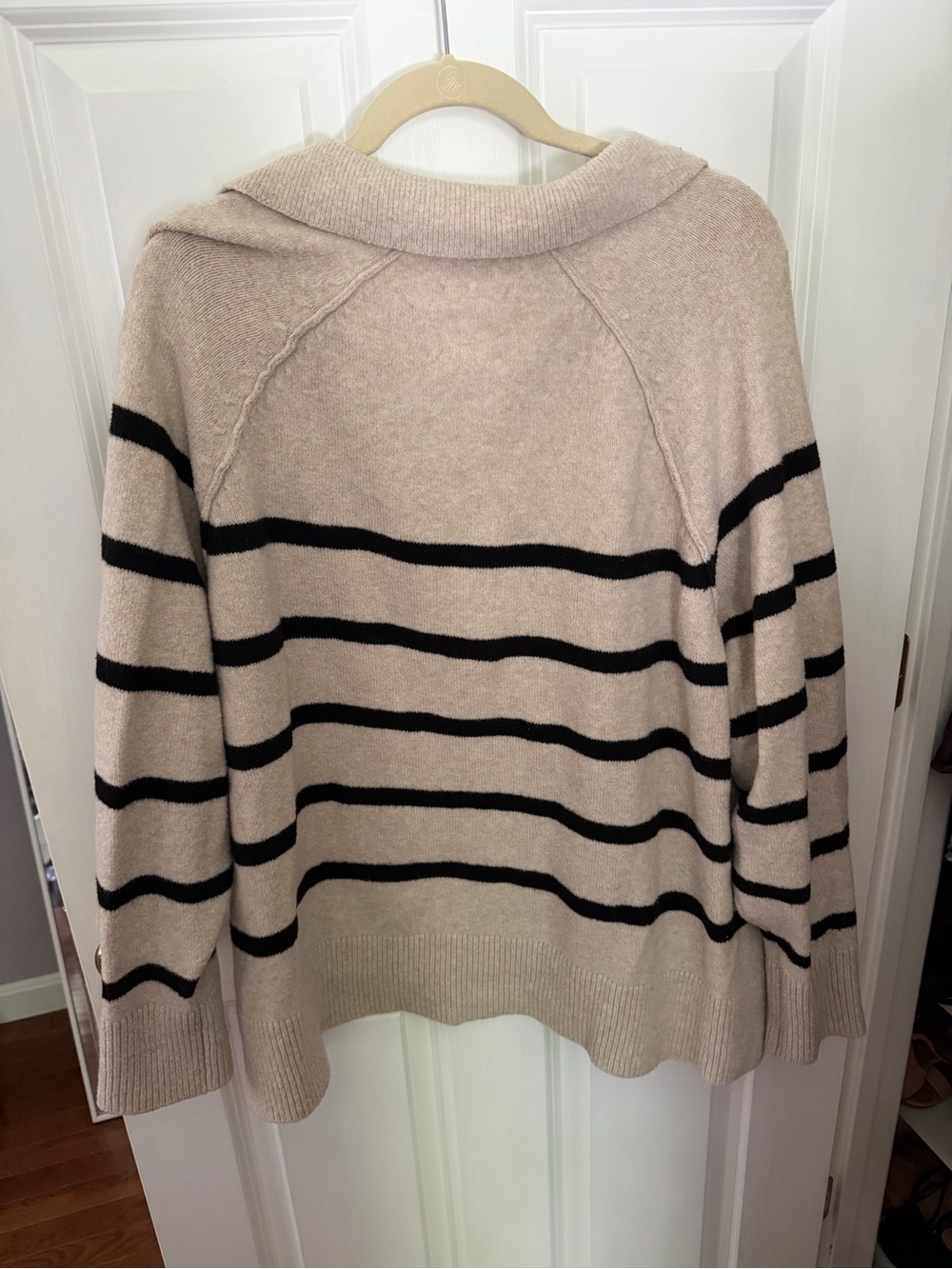 aerie Beige and Black Striped V-Neck Collared Sweater - Picture 3 of 3